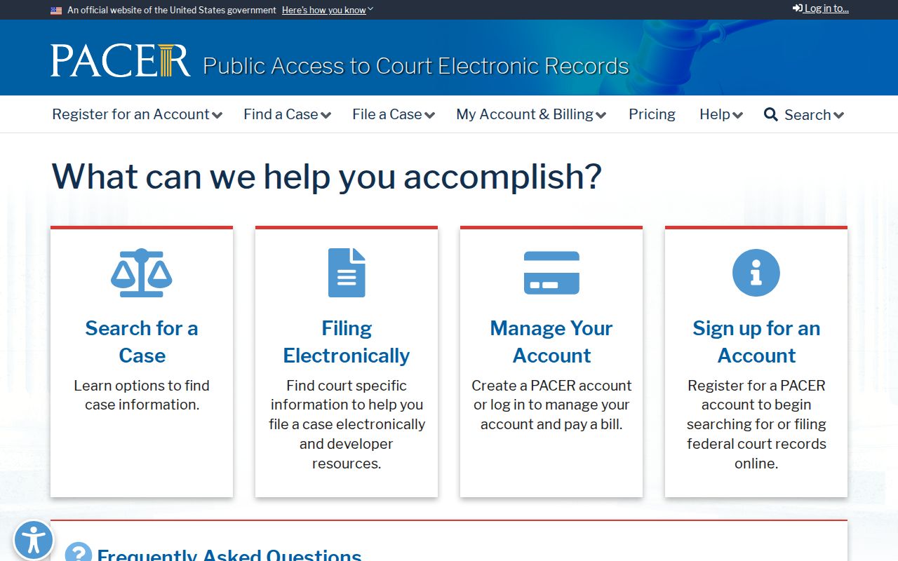 Allegany County court case access through the official PACER federal records page