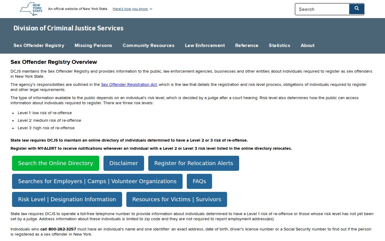Allegany County sex offender registry levels and information page